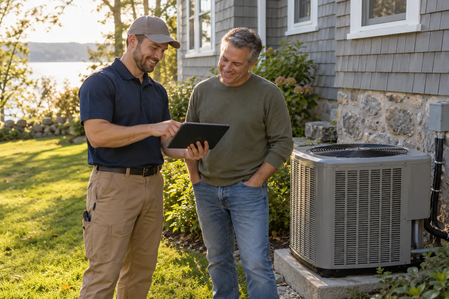 A friendly provider and a homeowner reviewing a new outdoor AC unit beside a house in Philadelphia