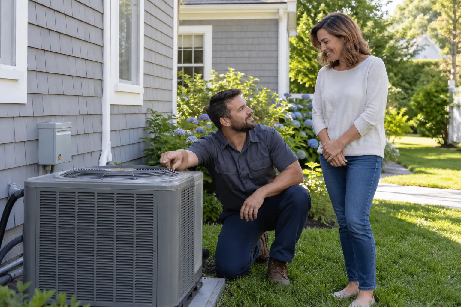 A friendly HVAC provider and a homeowner talking beside an outdoor AC unit at a Philadelphia home in the Philadelphia area