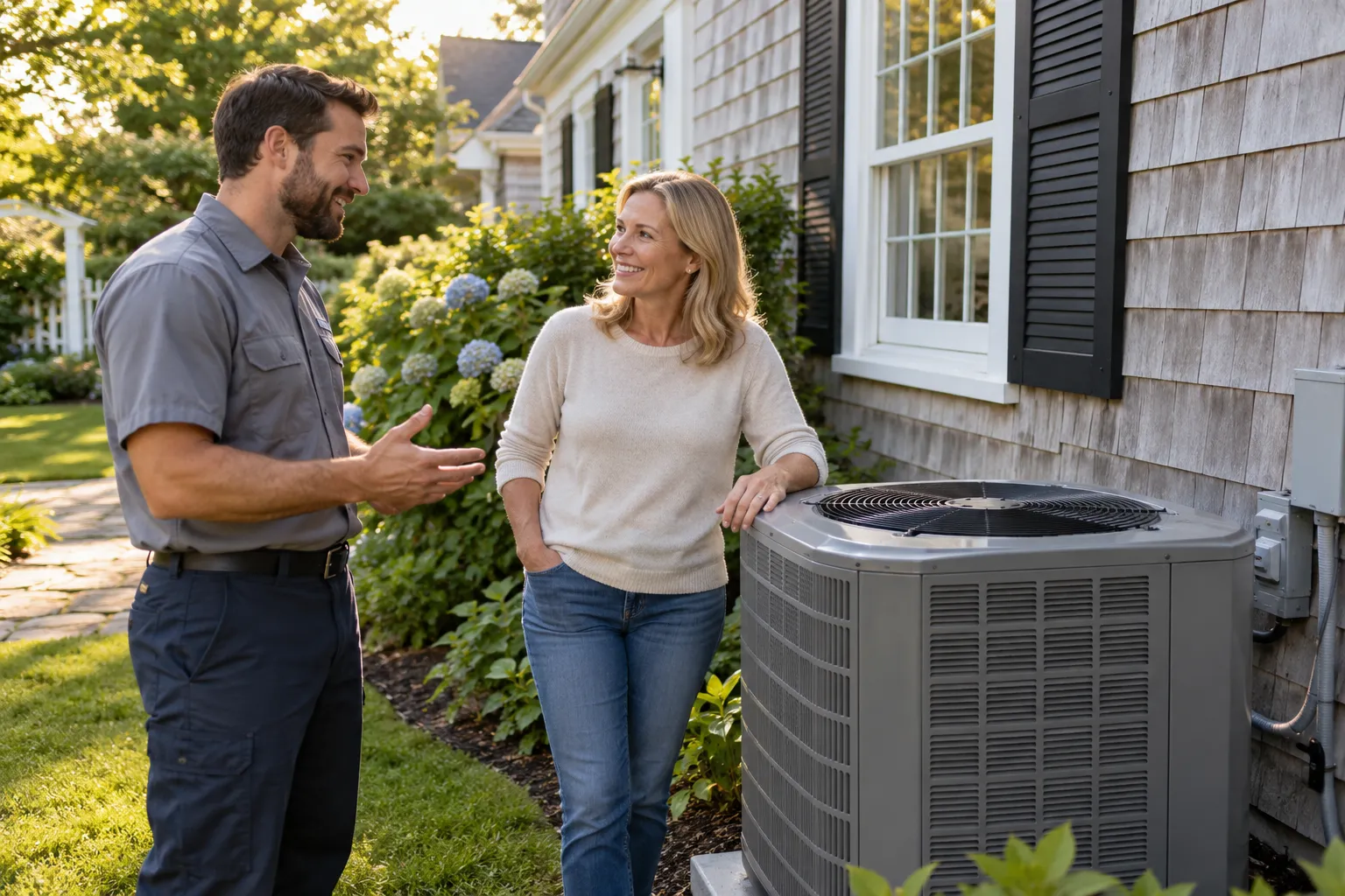 A friendly HVAC provider talking with a homeowner beside an outdoor AC unit in Philadelphia